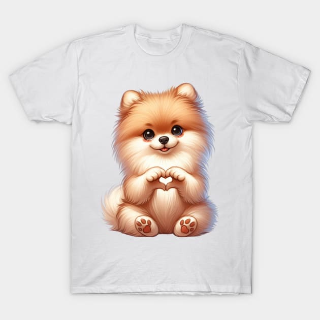 Valentine Pomeranian Dog Giving Heart Hand Sign T-Shirt by Chromatic Fusion Studio